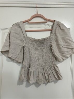 Smocked Peasant Blouse with Puff Sleeves - Neutral Beige